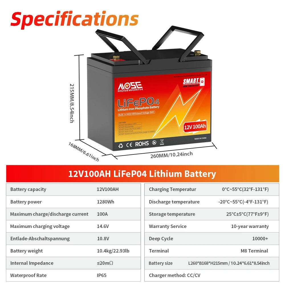 MOSEWORTH LiFePO4 12V 100Ah Battery Pack 12.8V Lithium Battery 8000+ Cycles With Bluetooth BMS Grade A For Boat RV Campers