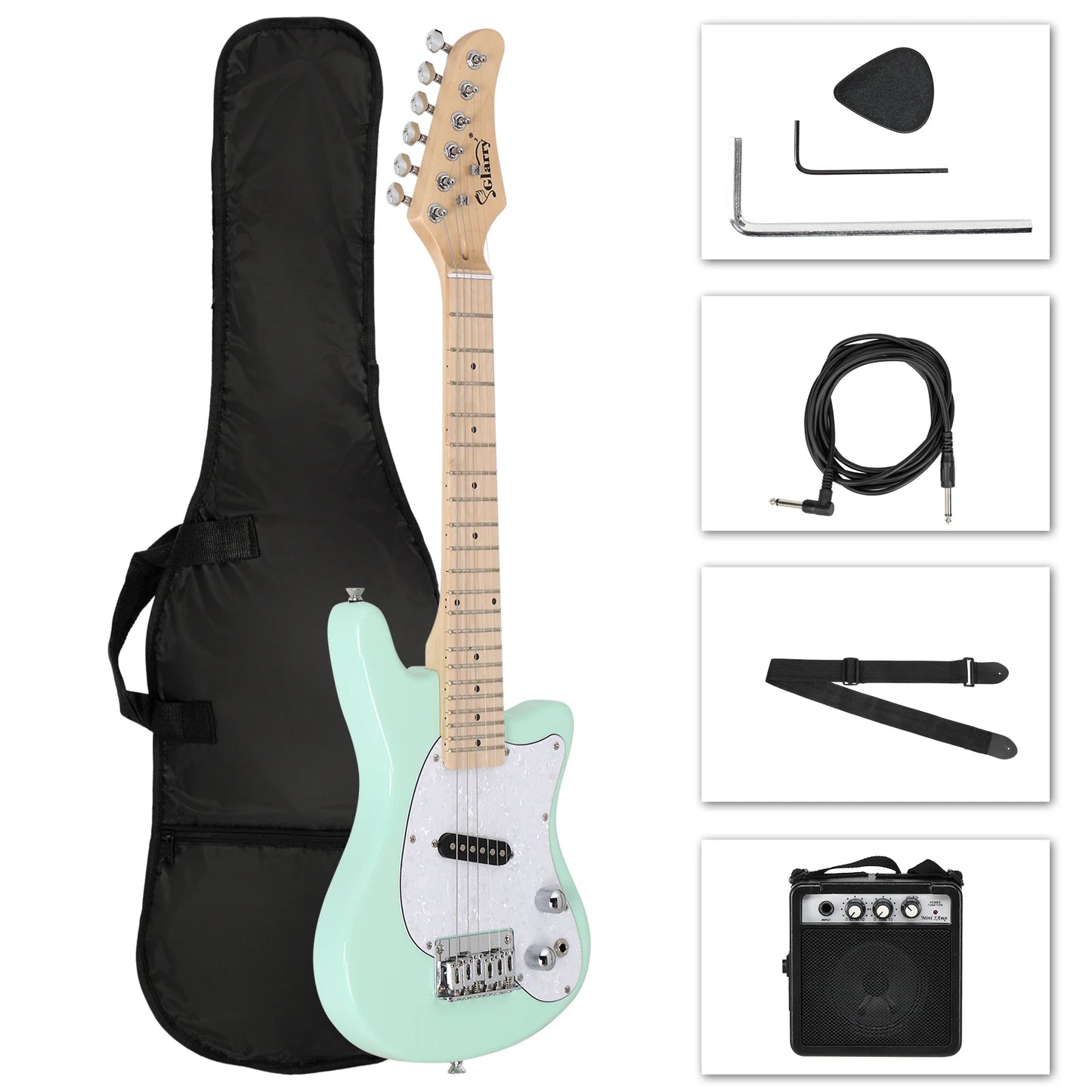 Glarry 30in Maple Fingerboard Mini Electric Guitar Kit with 5W Amplifier Bag String Shoulder Strap Plectrum Cord Wrench