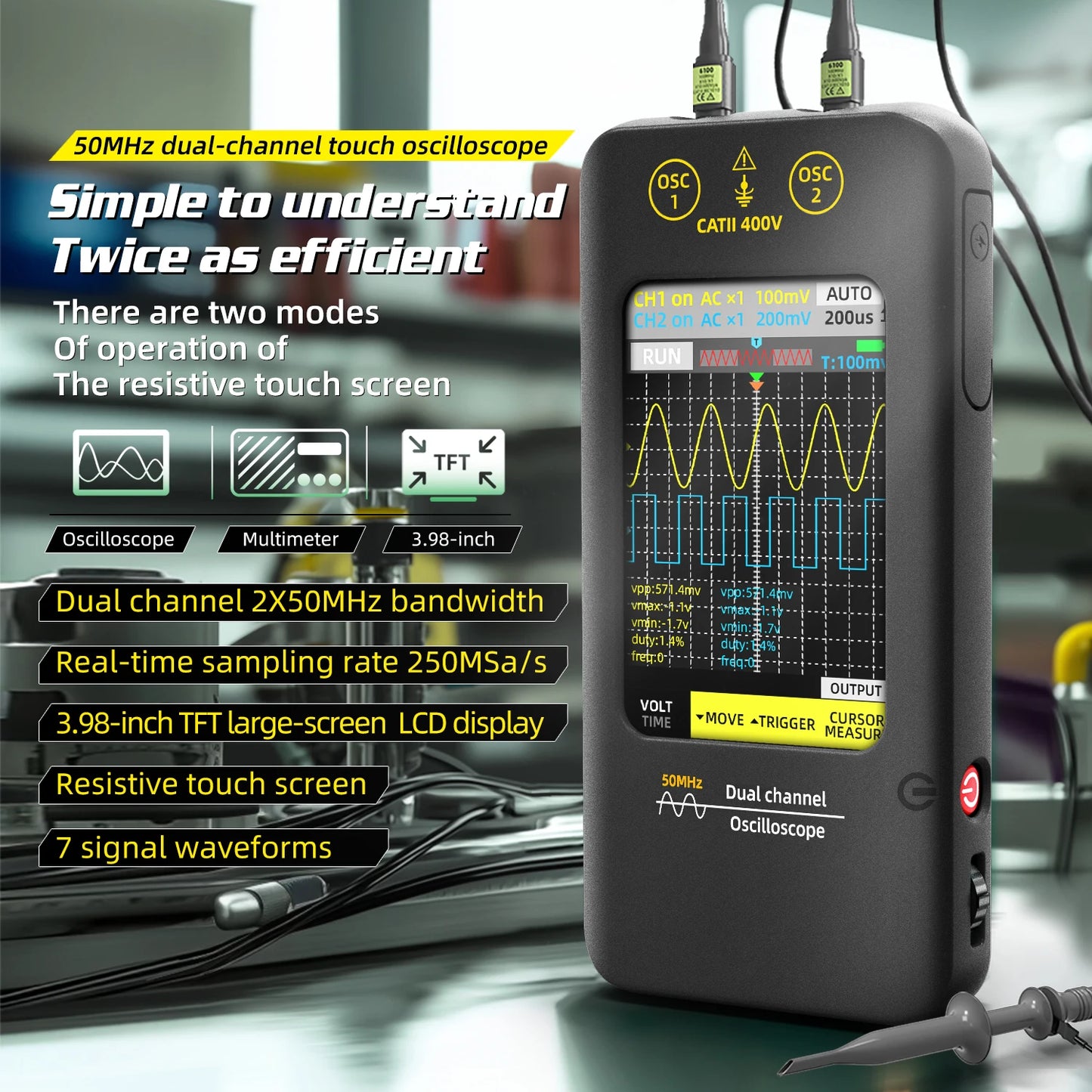 BSIDE New Touchscreen Digital Oscilloscope Signal Generator Dual Channel 50MHz Waveform Storage Graphic Tester Repair Tool