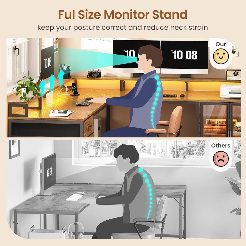 Shaped Gaming Desk with 4 Drawers, 109” Computer Desk with Display Cabinet, with 2 Monitor Stands, CPU Stand, Home Office Desks