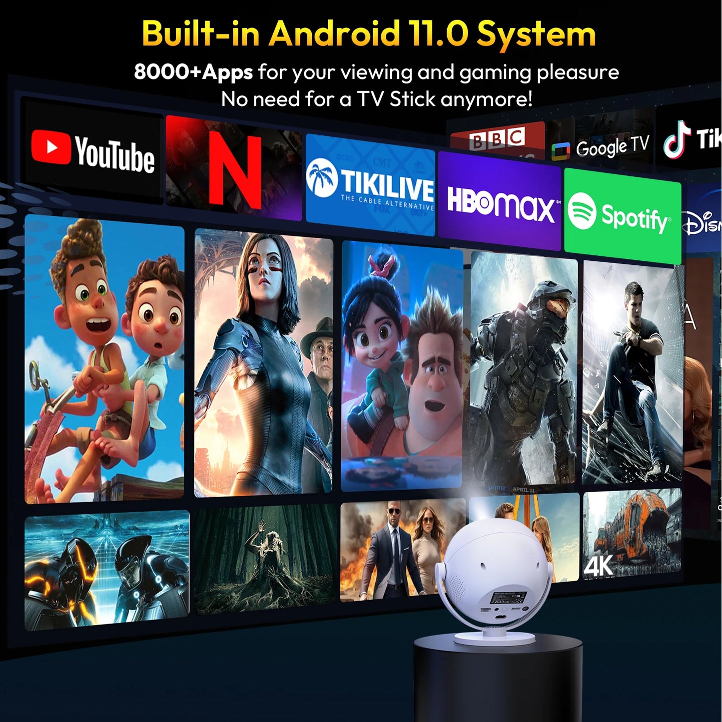 XGODY 400 ANSI 4K Portable Android Projector Native 720P/1080P WiFi6 Bluetooth 50% Zoom Electric Focus for Home Theater
