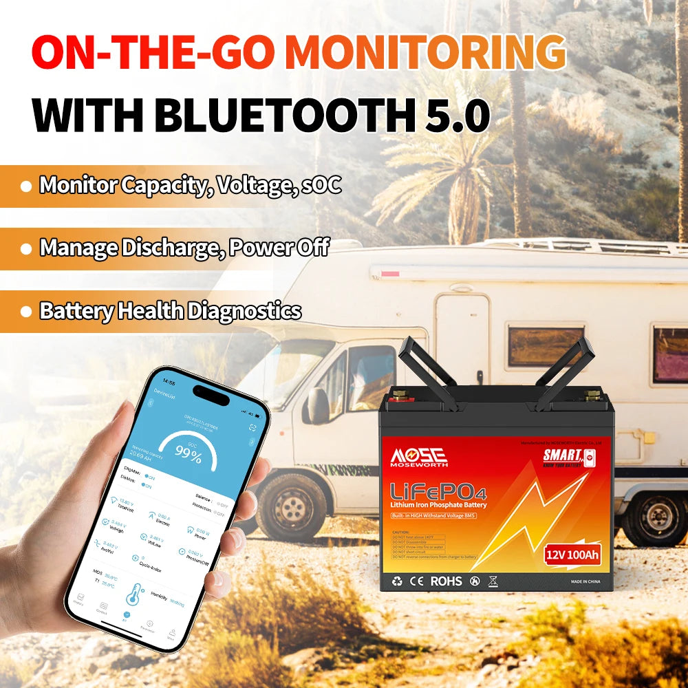 MOSEWORTH LiFePO4 12V 100Ah Battery Pack 12.8V Lithium Battery 8000+ Cycles With Bluetooth BMS Grade A For Boat RV Campers