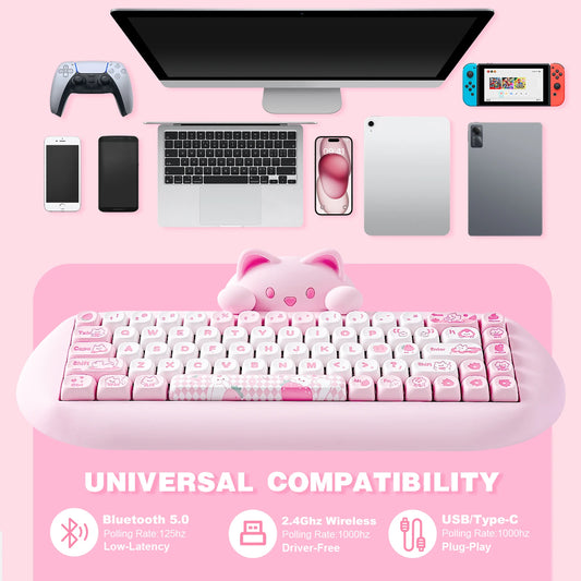 YUNZII C68 Wireless Gaming Keyboard, Hi-Fi Cute Cat Custom RGB Mechanical Keyboard, Silicone 65% Hot Swap Ergonomic Kitty Keeb