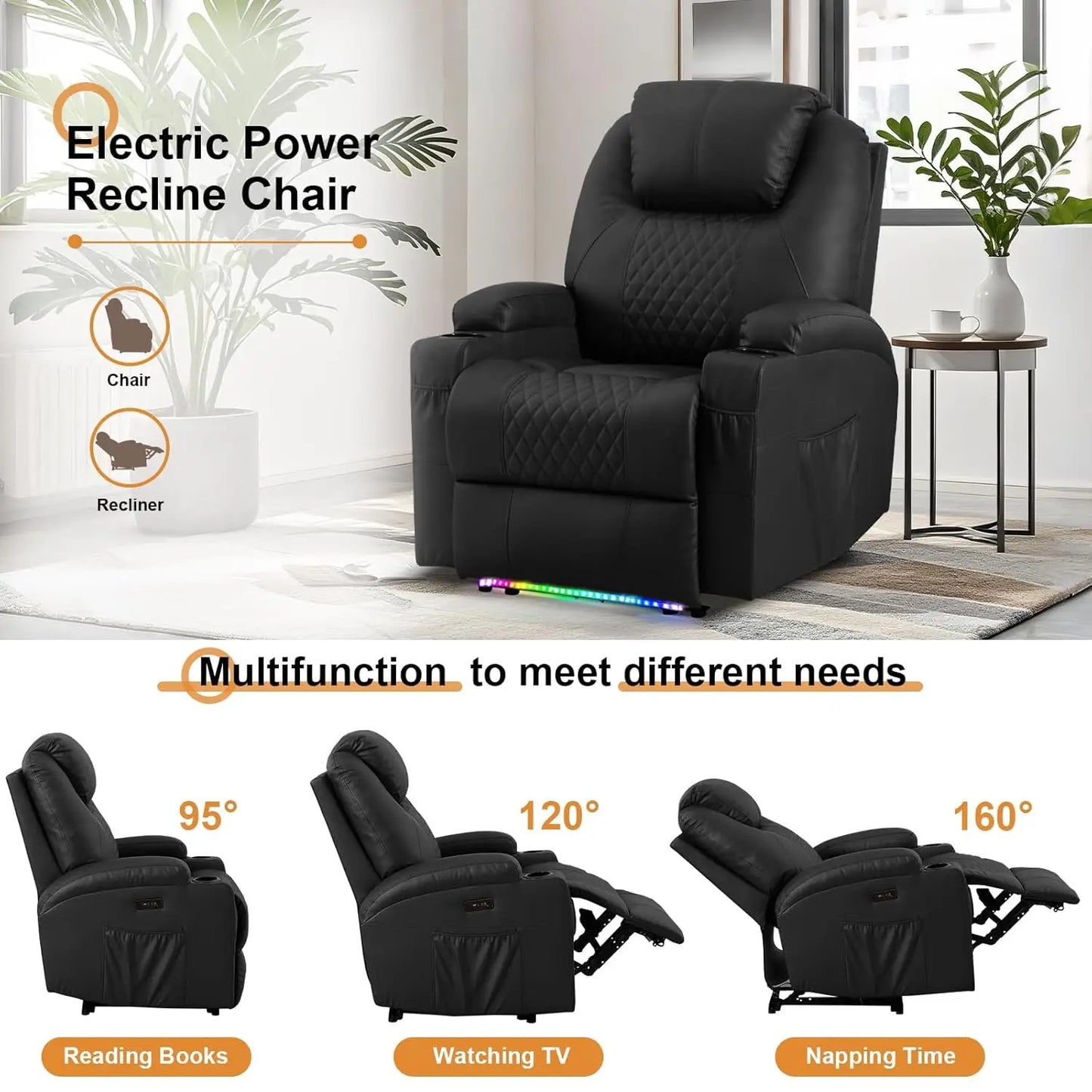 Power Recliner Chair with Vibration Massage & Heat for Adults, Faux Leather Home Theater Seating with Cup, Customized