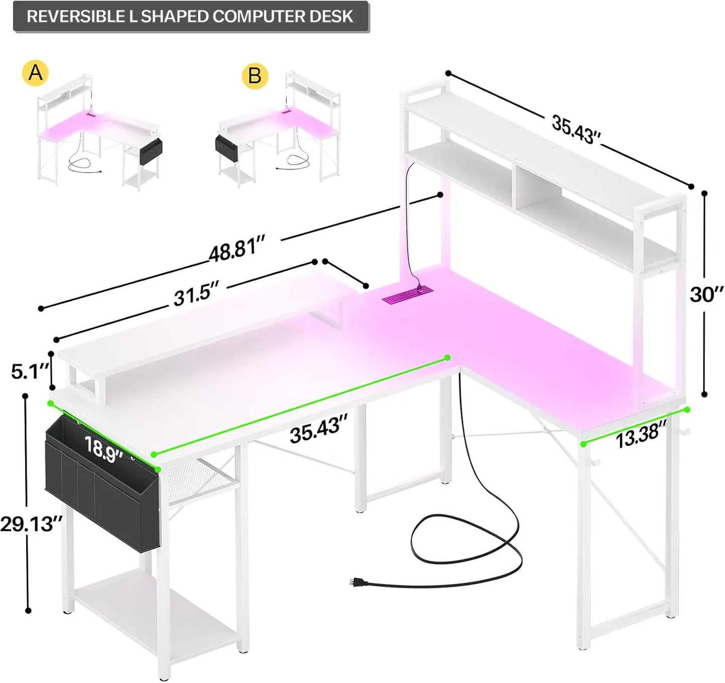 L-Shaped Gaming Desk with Charging Port, LED Strip, Monitor Stand & Storage Shelf, White