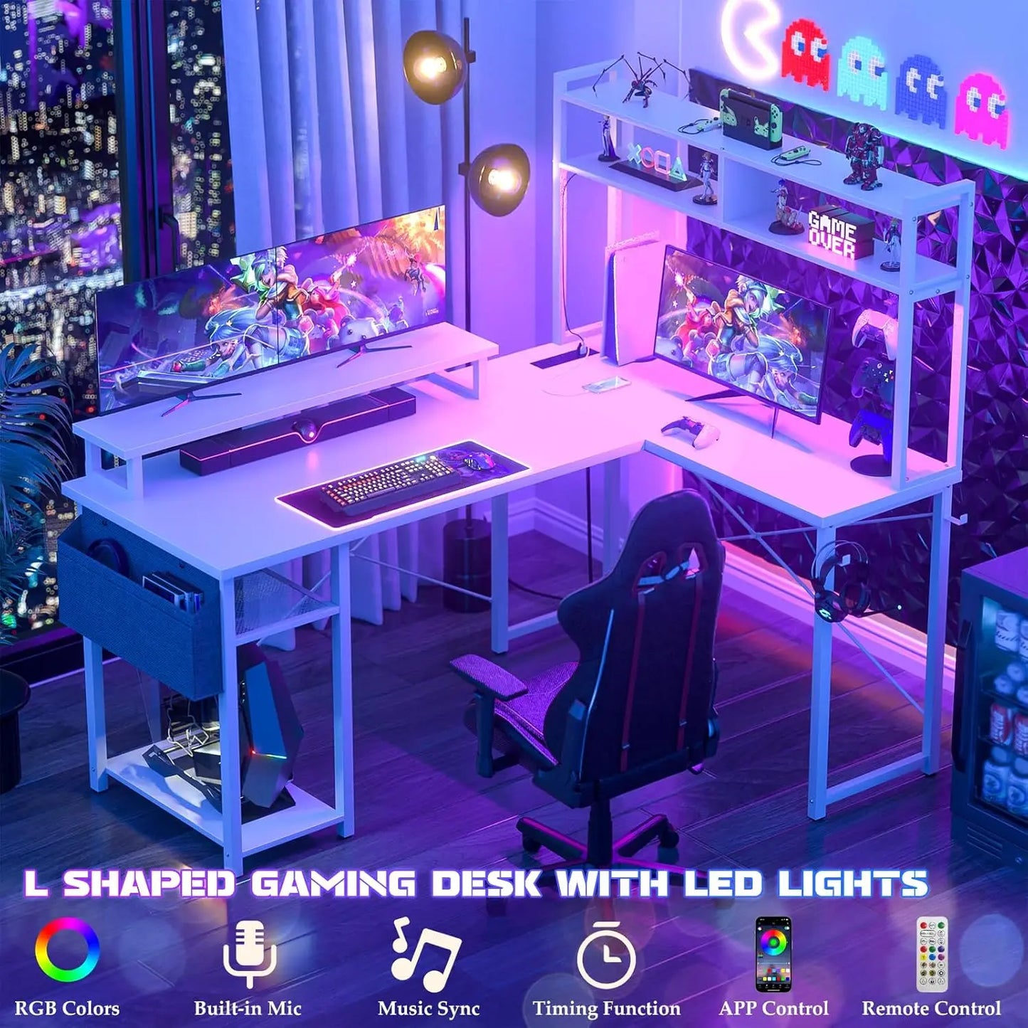 L-Shaped Gaming Desk with Charging Port, LED Strip, Monitor Stand & Storage Shelf, White