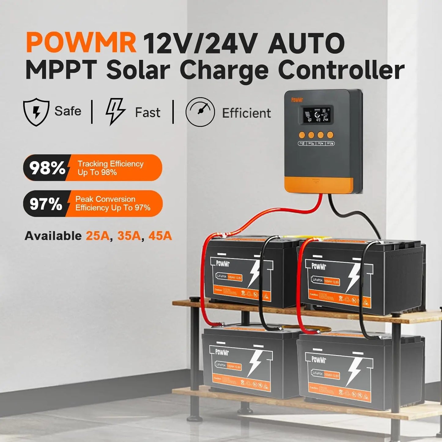PowMr 45A 35A 25A MPPT Solar Charger Controller 12V 24V Auto Fit Lead-Acid Lithium Battery for Solar Camp RV Boat Home US Stock