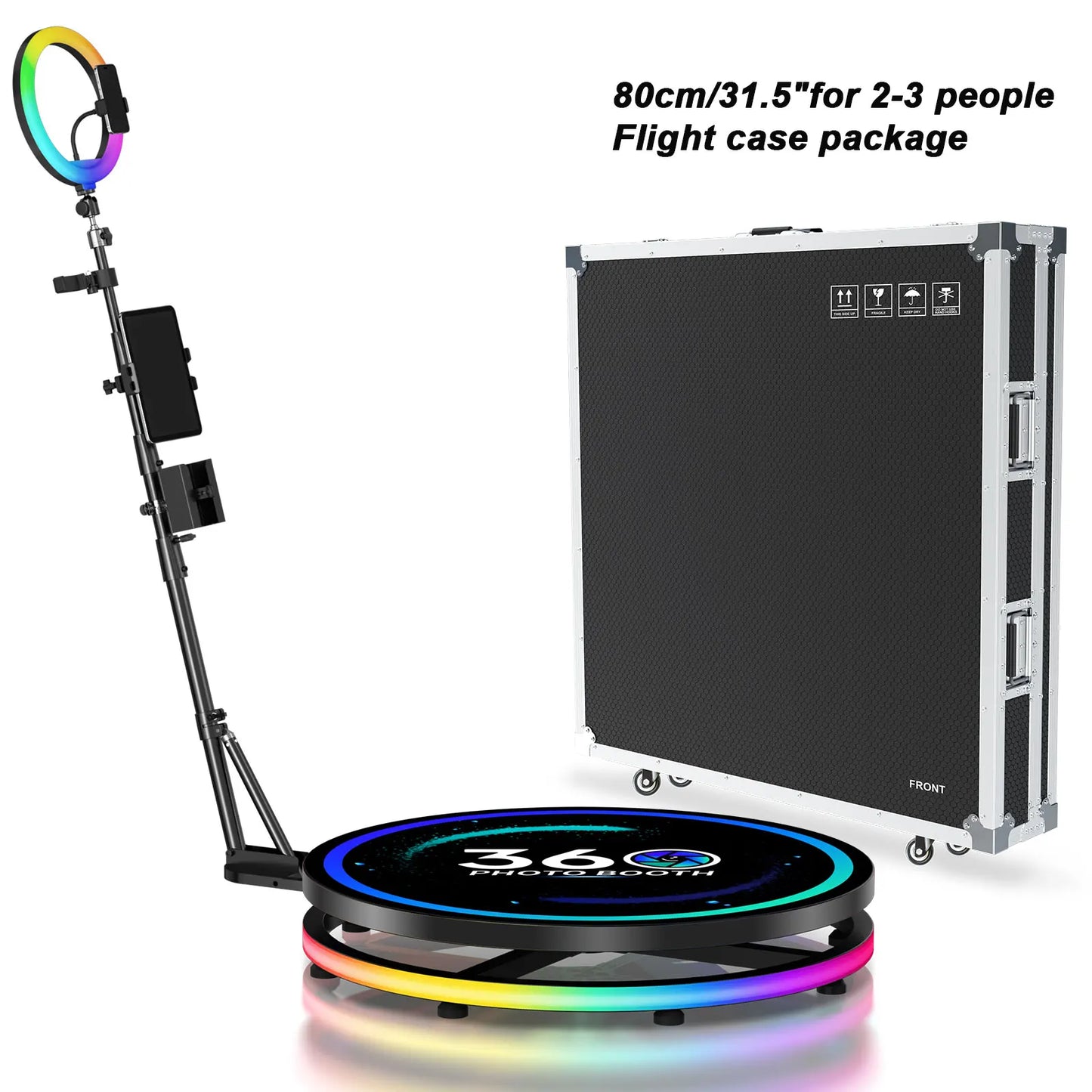 360 Photo Booth Automatic Rotating Photobooth Machine Ring Light for Party Wedding Rental RGB Ring Light US Shipping Flight Case
