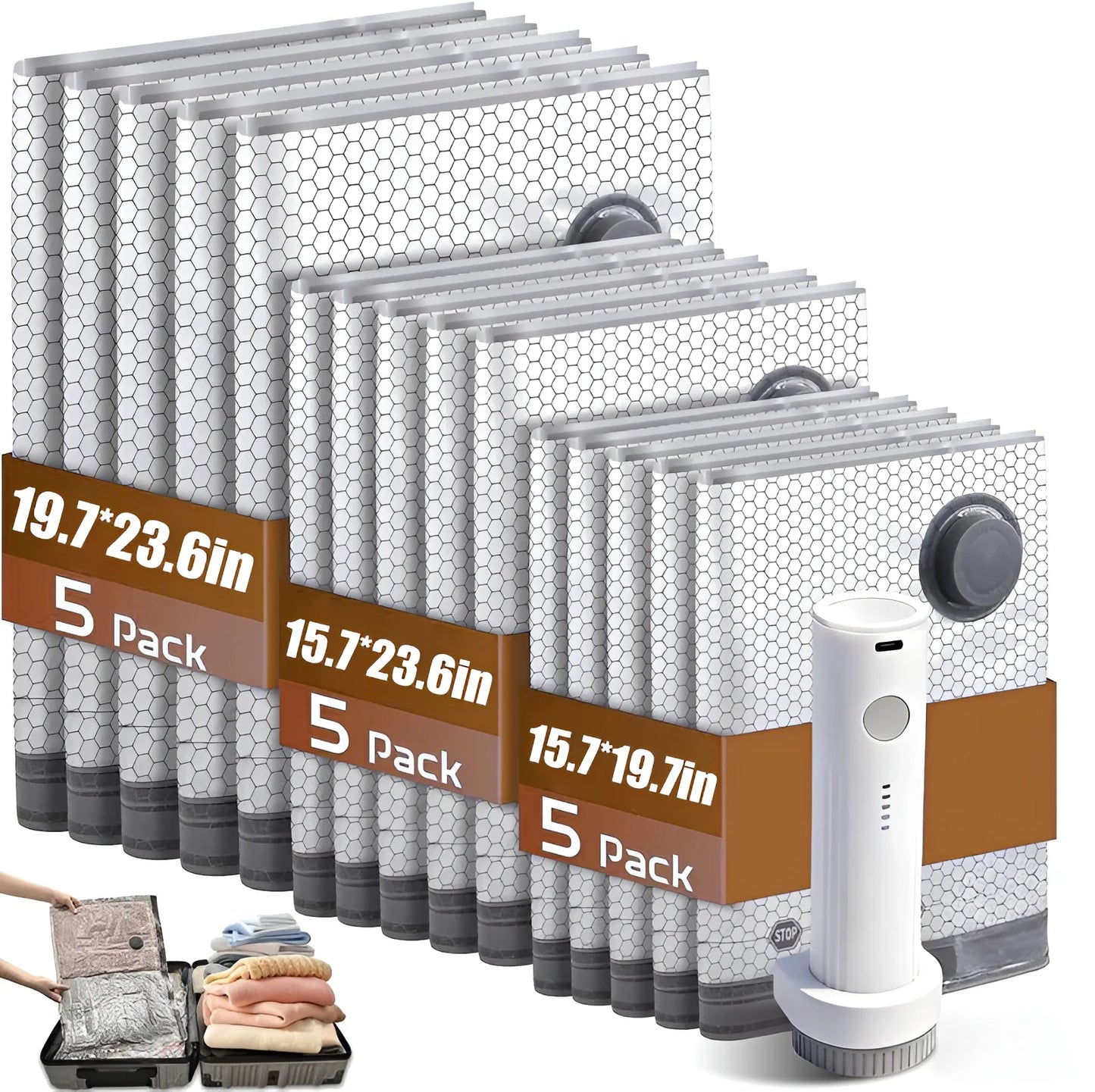 Cordless Compression Travel Vacuum Set 15 Pack -Vacuum Bags for Travel with Rechargeable air Pump,for Luggage and Suitcase