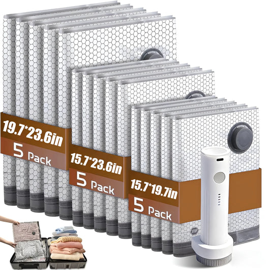Cordless Compression Travel Vacuum Set 15 Pack -Vacuum Bags for Travel with Rechargeable air Pump,for Luggage and Suitcase