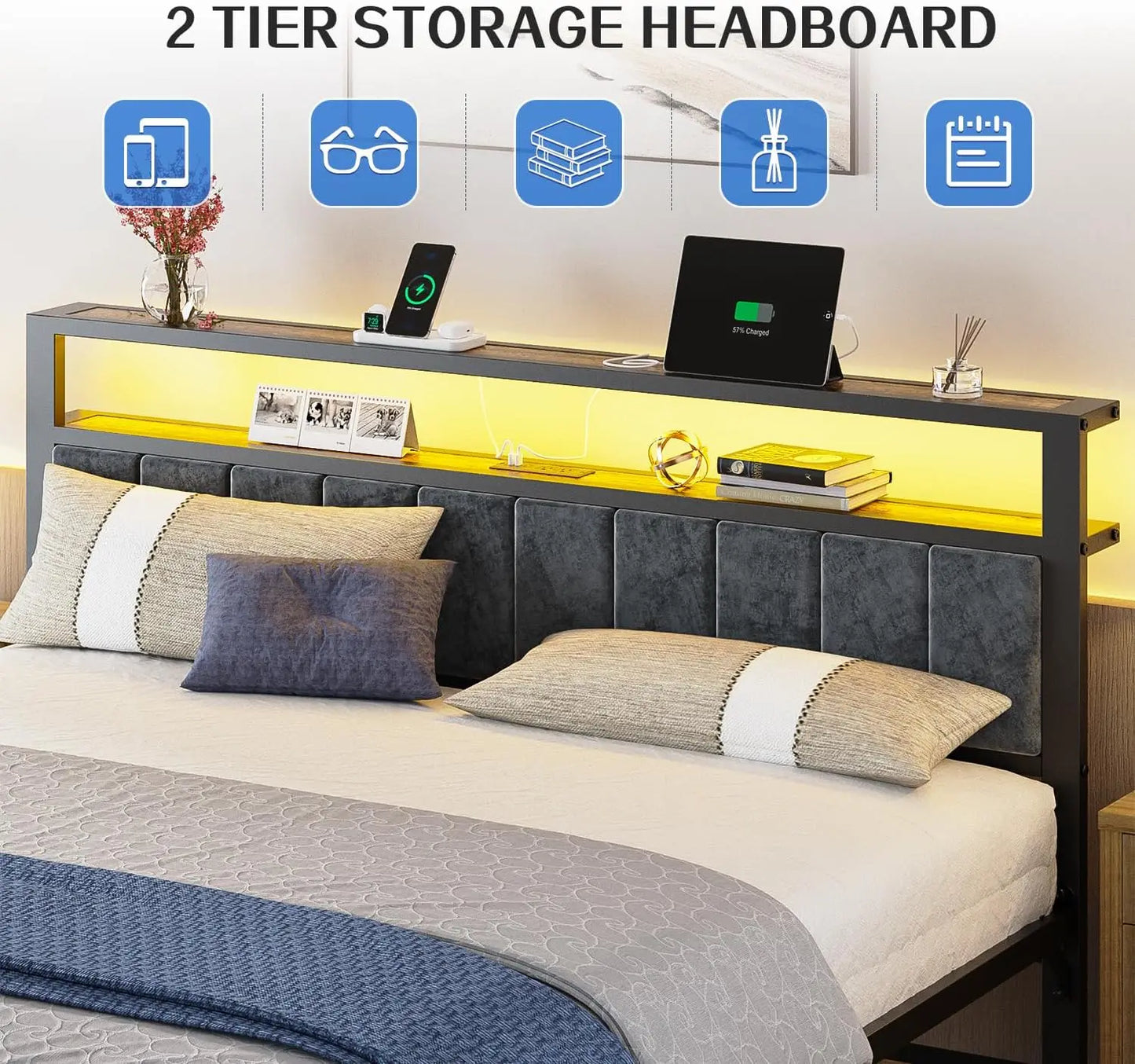 King Size Platform Bed Frame with LED Lights & Upholstered Headboard, 2-Tier Storage Shelves, Charging Station, Noise Free