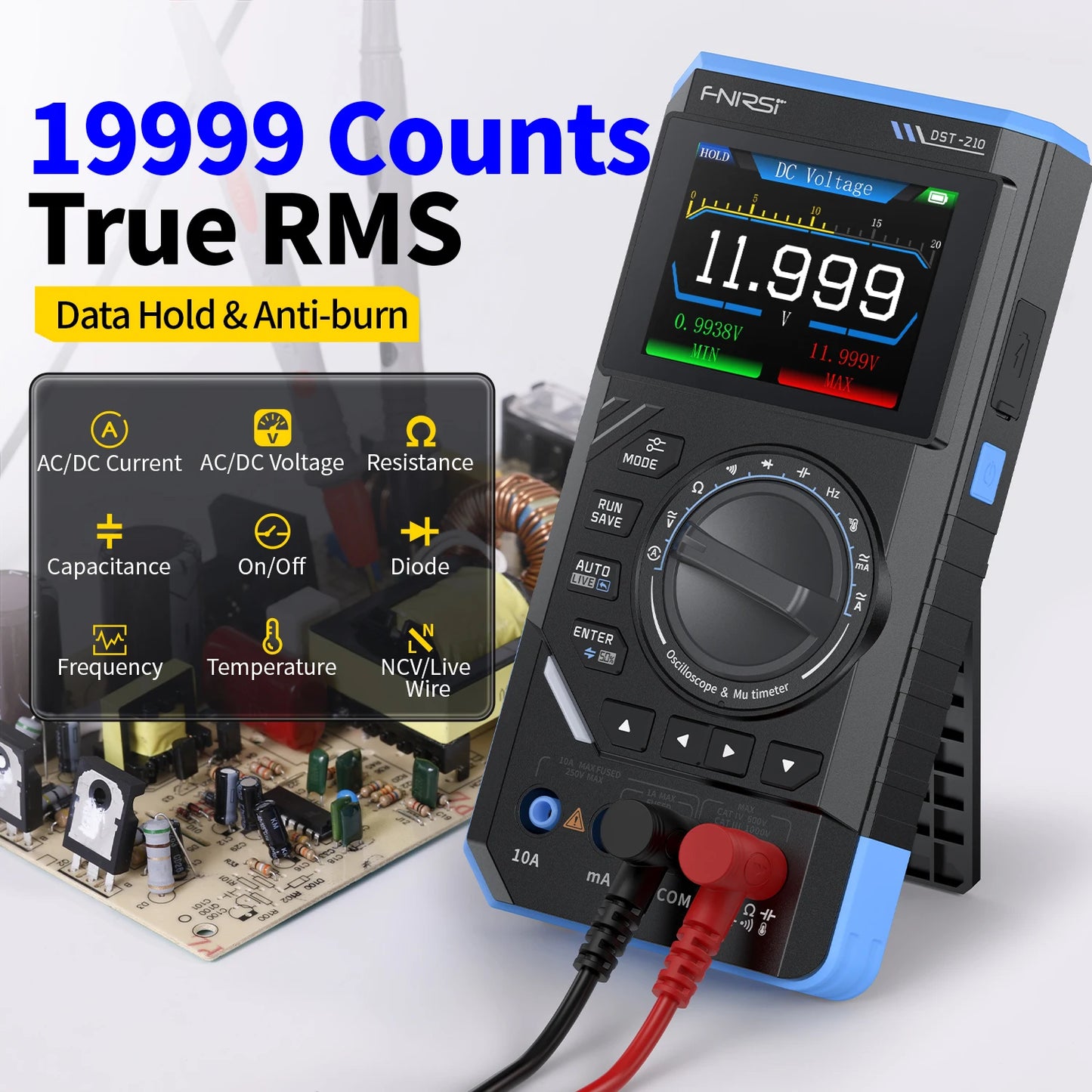 FNIRSI DST-210 and DST-201 3IN1 Digital Multimeter Oscilloscope Signal Source 19999 Counts 10MHz/1MHz Portable Electrician Tools