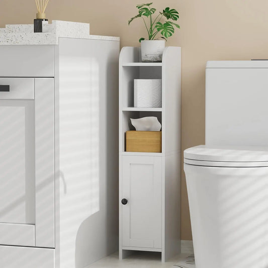Small Bathroom Storage Corner Cabinet with Door and Shelves, Narrow Toilet Paper Stand, White, 7.9" D x 7.1" W x 31" H