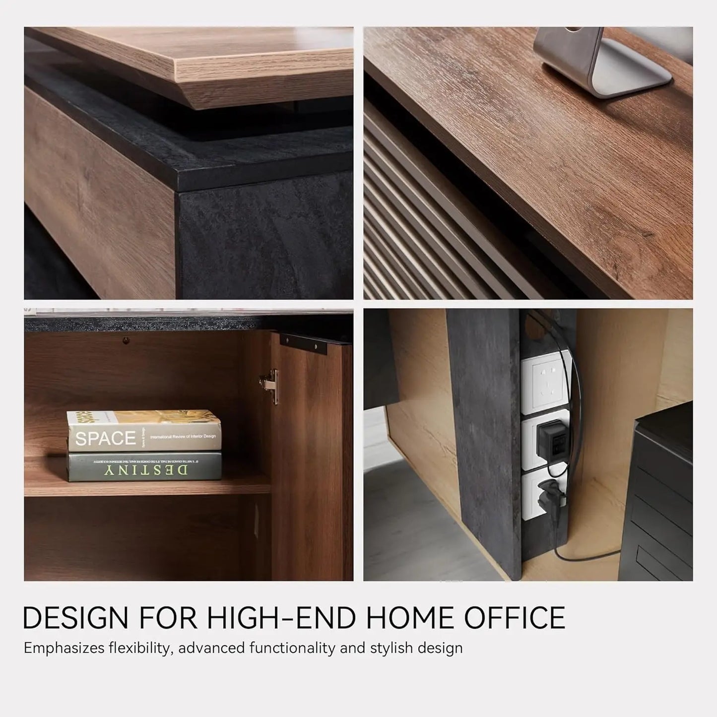 Adjustable Heigh L Shaped Executive Standing Desk w/Drawers Office Desk w/Universal Charging Ports Large Business Workstation