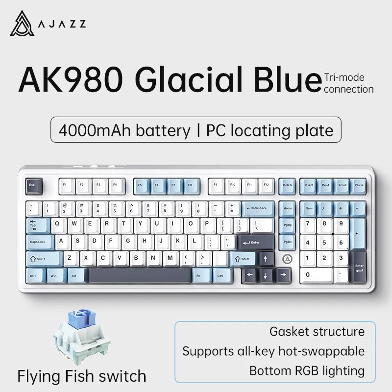 Ajazz AK980 Gaming Mechanical Keyboard with Color Screen 98 Keys RGB Bluetooth Wireless Keyboard Gamer 8000mAh For PC Laptop