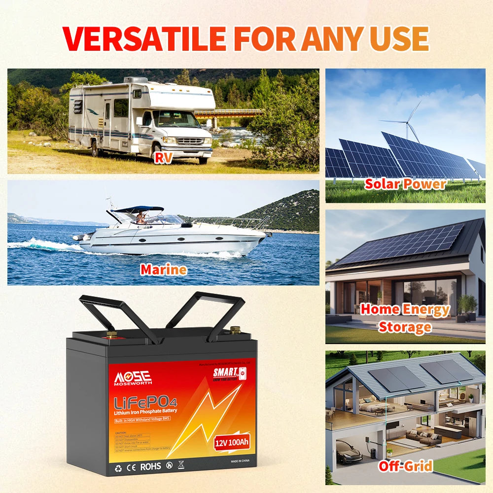 MOSEWORTH LiFePO4 12V 100Ah Battery Pack 12.8V Lithium Battery 8000+ Cycles With Bluetooth BMS Grade A For Boat RV Campers