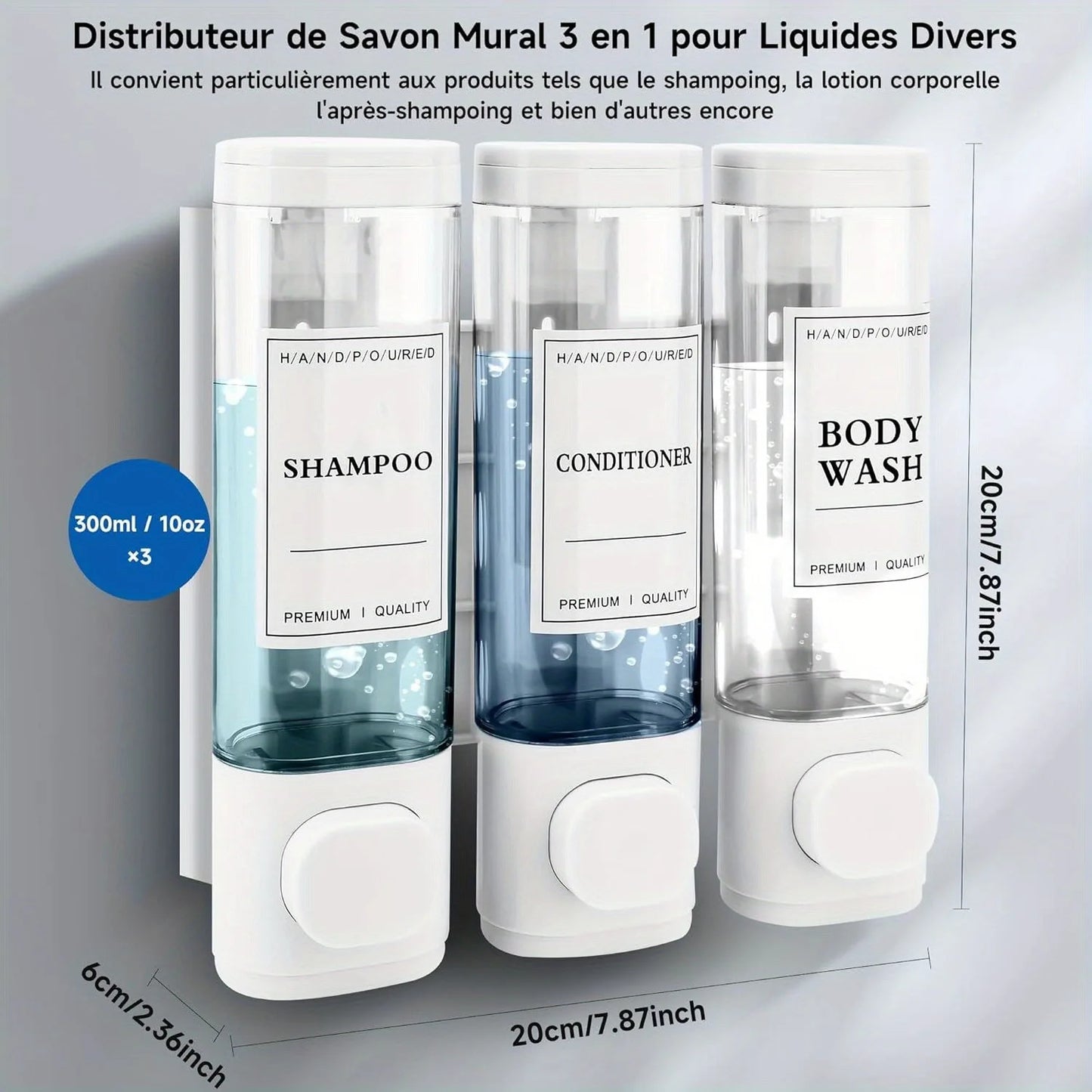 Wall-mounted Soap Dispenser, Shower Gel Dispenser, 3-in-1 Shampoo and Conditioner Dispenser, No Drilling Required, ABS Material,