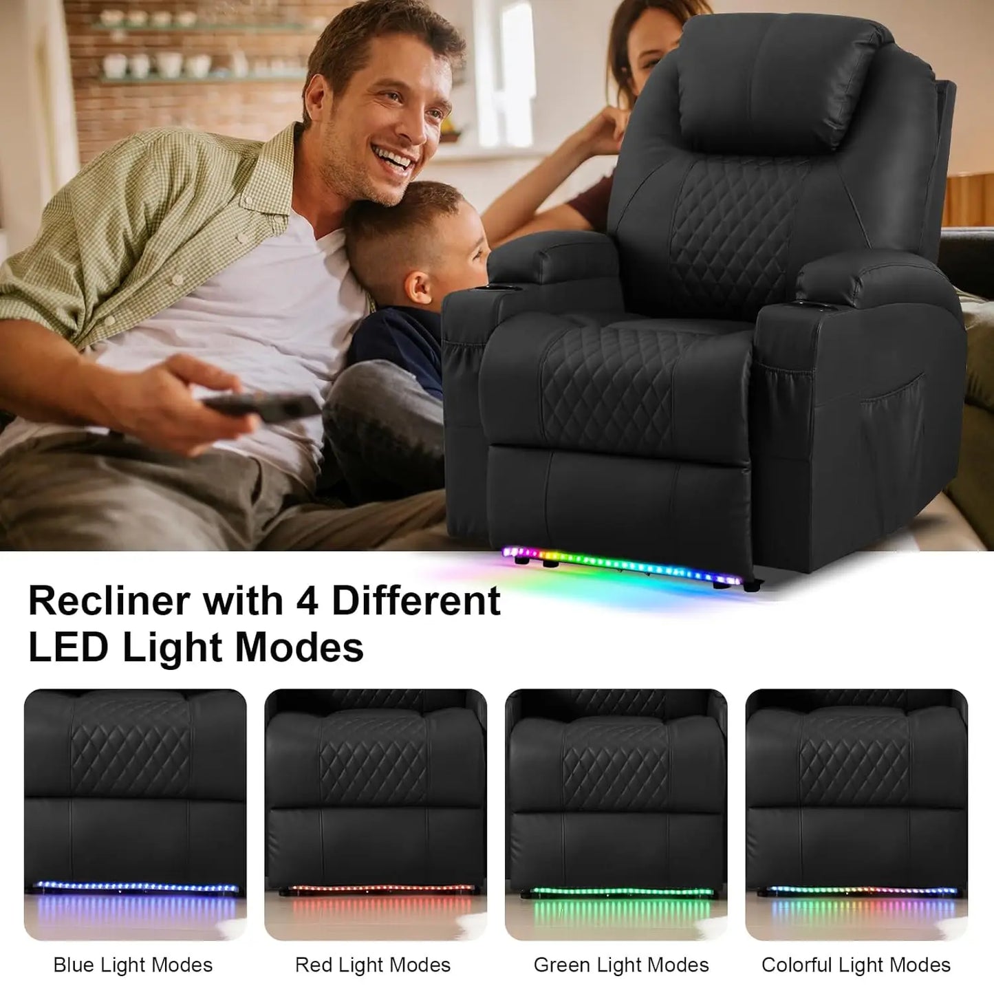 Power Recliner Chair with Vibration Massage & Heat for Adults, Faux Leather Home Theater Seating with Cup, Customized