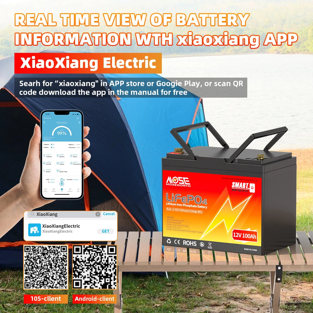 MOSEWORTH LiFePO4 12V 100Ah Battery Pack 12.8V Lithium Battery 8000+ Cycles With Bluetooth BMS Grade A For Boat RV Campers