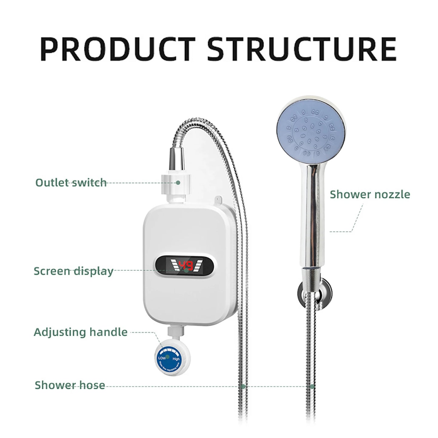 Small Instant Electric Water Heater LCD Temperature Display IPX4 Quick Heating Shower Water Heating Device Set