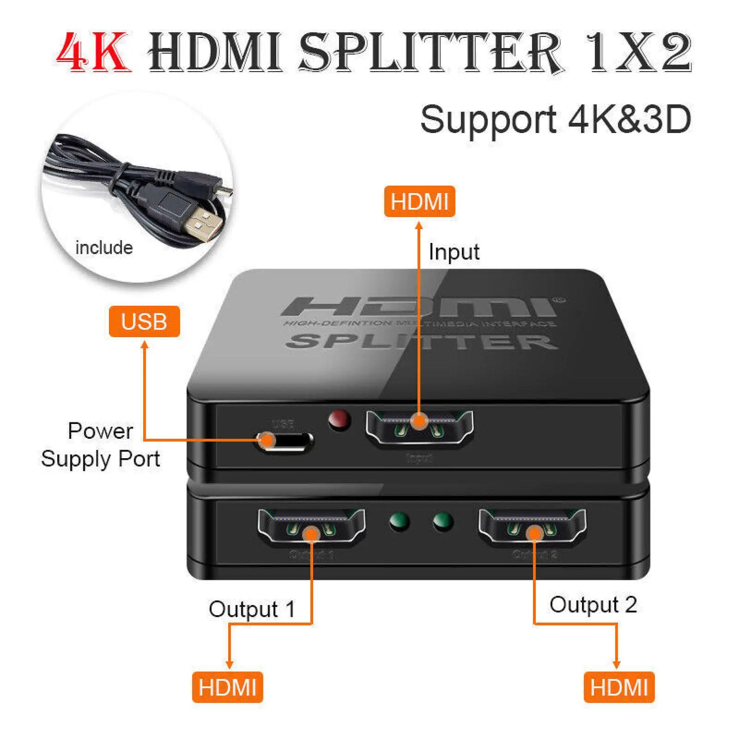 Plug&Play HDMI-Compatible Splitter Video Switcher 1 In 2 Out 1080P 4K 1X2 Splitter 3D Power Amplifier for PS4 Laptop TV Box eta.