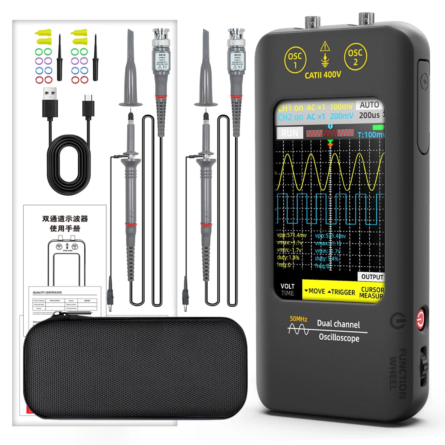 BSIDE New Touchscreen Digital Oscilloscope Signal Generator Dual Channel 50MHz Waveform Storage Graphic Tester Repair Tool