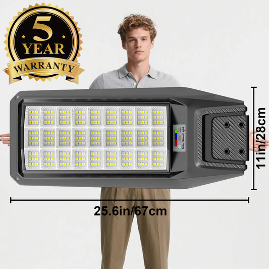 Outdoor waterproof solar light with motion sensor, timer, constant bright mode, dusk-to-dawn, for yard, parking lot, IP65