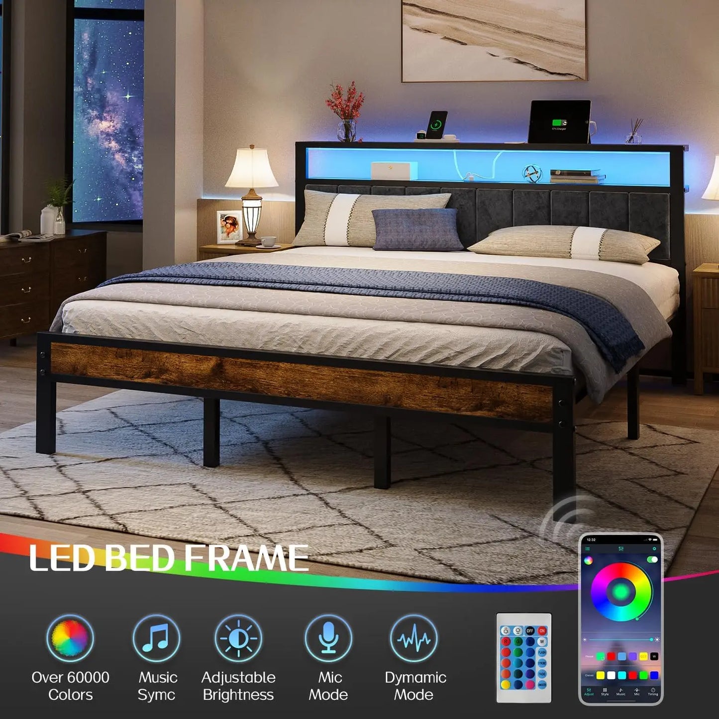 King Size Platform Bed Frame with LED Lights & Upholstered Headboard, 2-Tier Storage Shelves, Charging Station, Noise Free