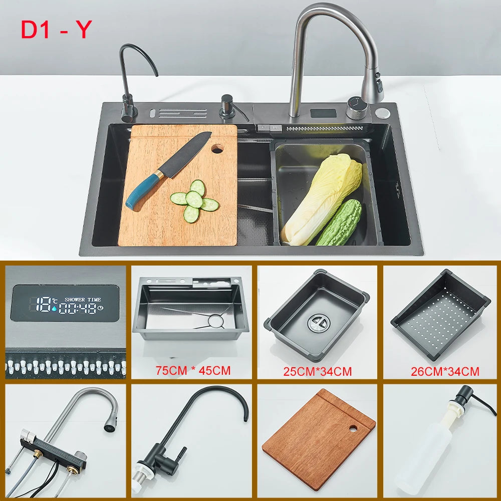 Multifunctional Kitchen Waterfall Sink Digital Display Large Single Gray Sink Dish Basin Sink 304 Stainless Steel