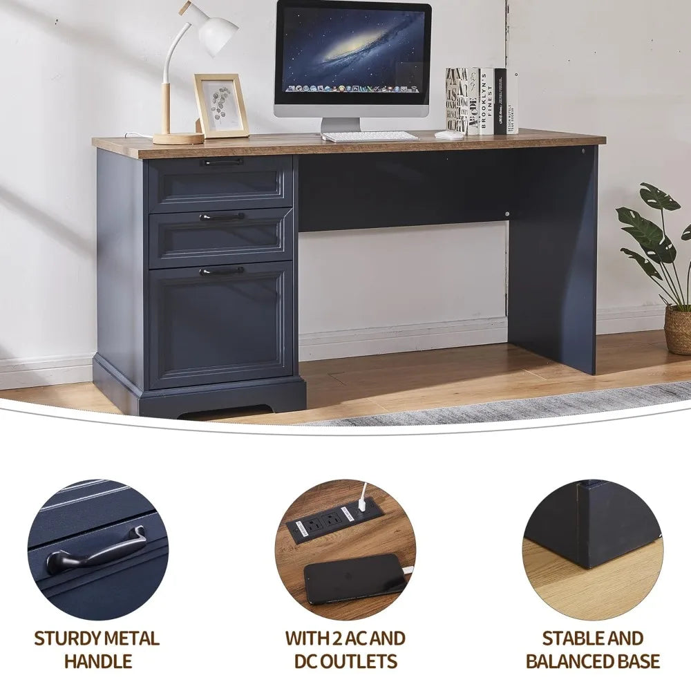 60"L-Shaped Executive Desk with 40"Adjustable File Cabinet,Farmhouse Home Office Desk with Charging Station,Office, Customized
