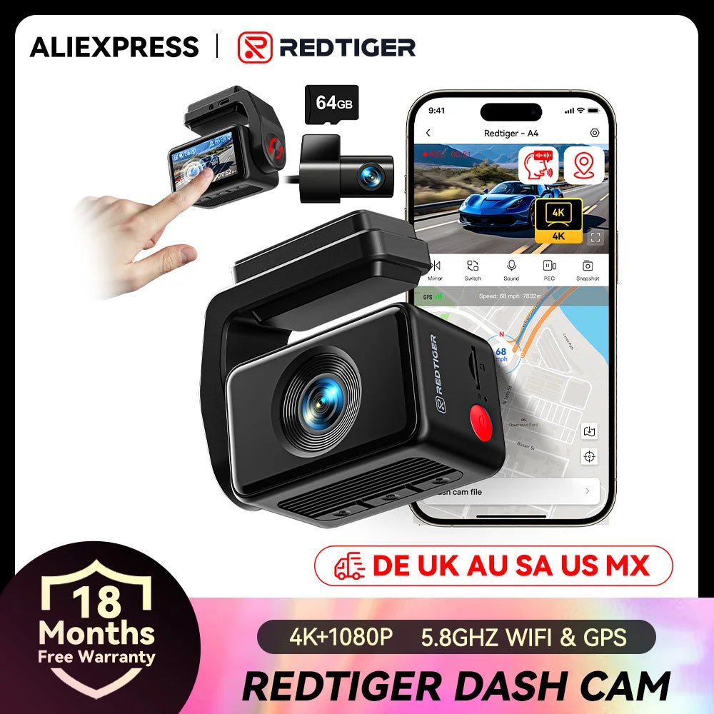 REDTIGER A4 Dash Camera Front and Rear 4k Dash Cam  Drive Recorder for WiFi GPS Car Dvr for 24H Parking Mode Black Box for Car