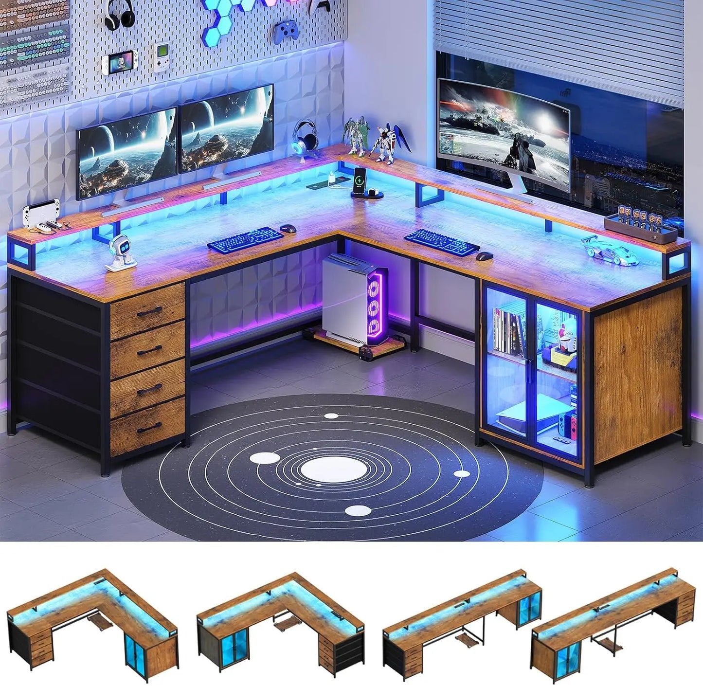 Shaped Gaming Desk with 4 Drawers, 109” Computer Desk with Display Cabinet, with 2 Monitor Stands, CPU Stand, Home Office Desks