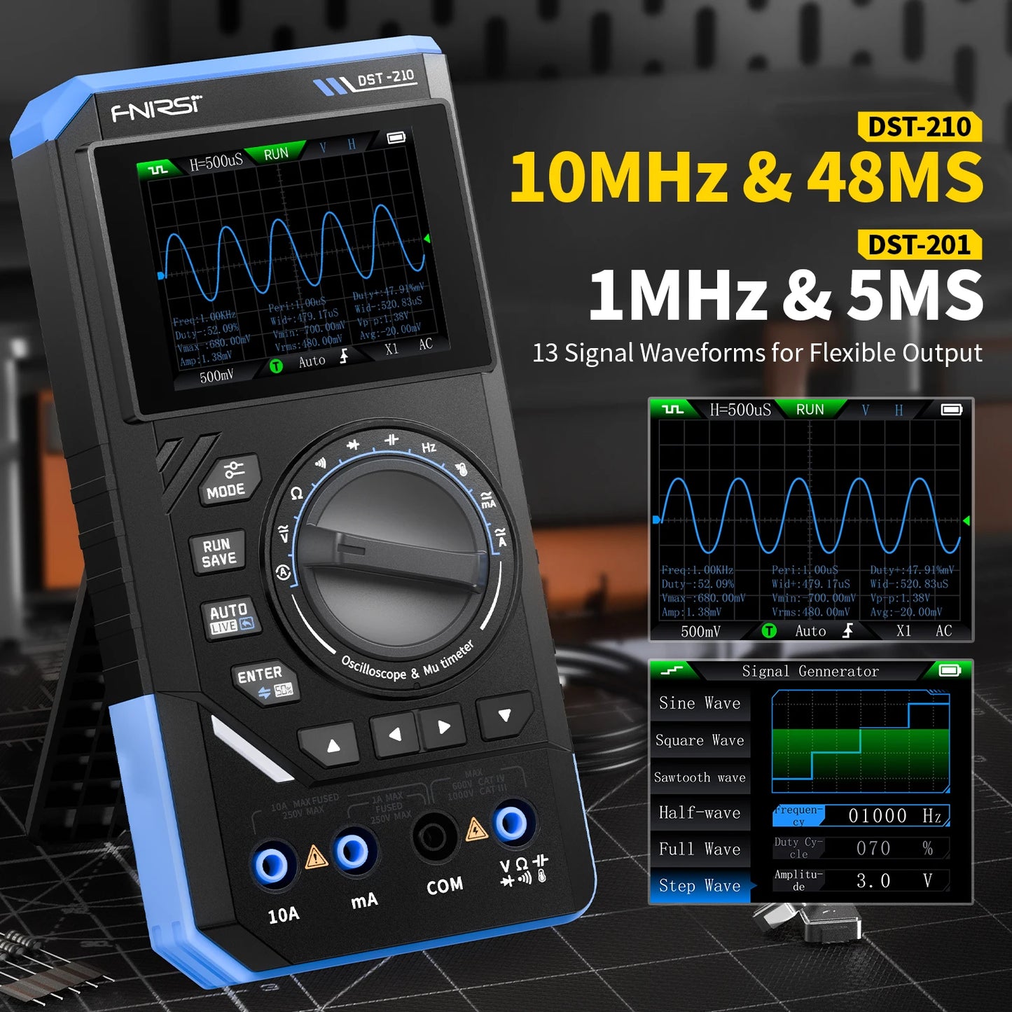 FNIRSI DST-210 and DST-201 3IN1 Digital Multimeter Oscilloscope Signal Source 19999 Counts 10MHz/1MHz Portable Electrician Tools