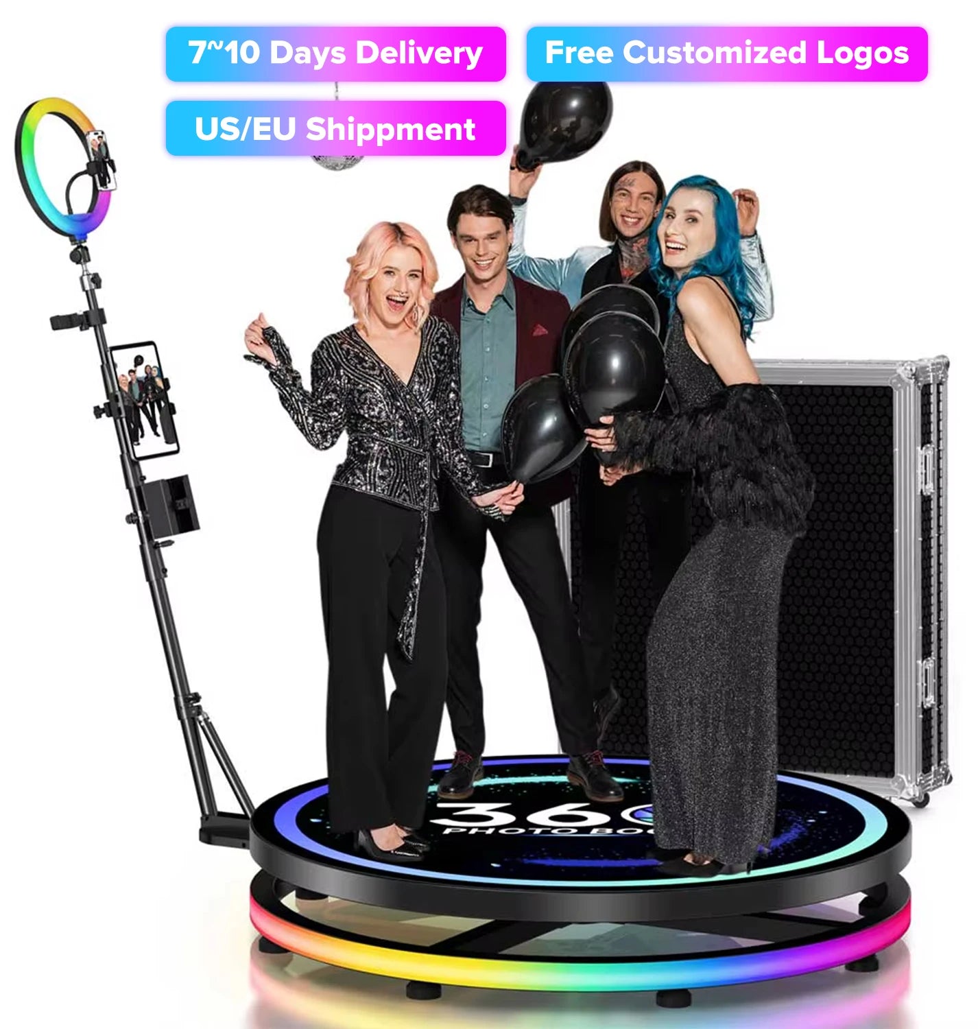 360 Photo Booth Automatic Rotating Photobooth Machine Ring Light for Party Wedding Rental RGB Ring Light US Shipping Flight Case