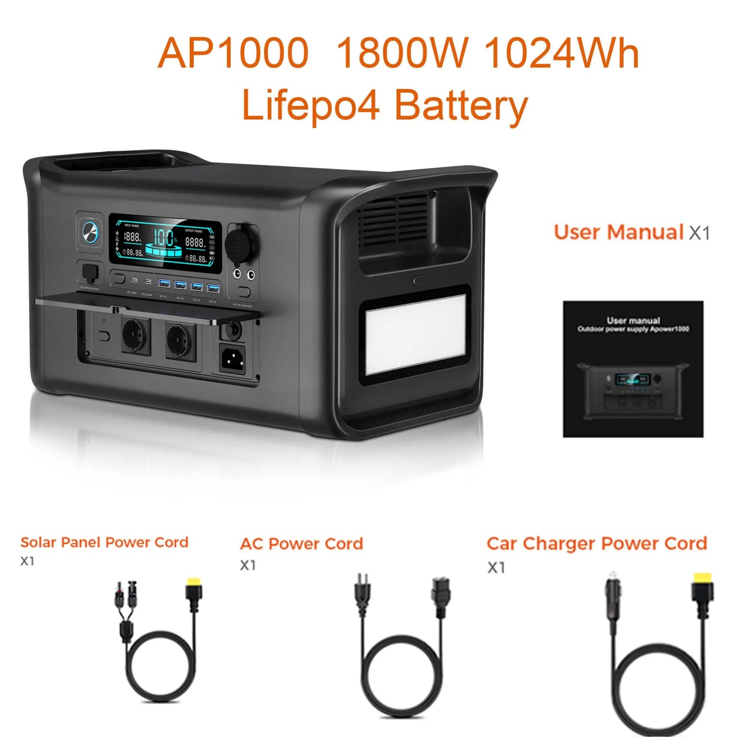CTOLITY AP1000 1600W Solar Generator 1024Wh Backup LiFePo4 Battery  & 200W Solar Panel RV Outdoors Camping Travel Blackout