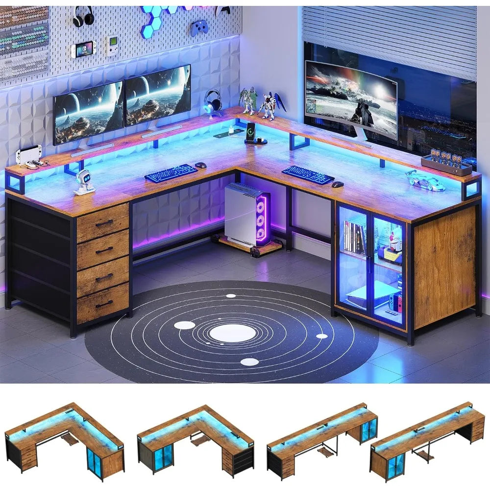Shaped Gaming Desk with 4 Drawers, 109” Computer Desk with Display Cabinet, with 2 Monitor Stands, CPU Stand, Home Office Desks