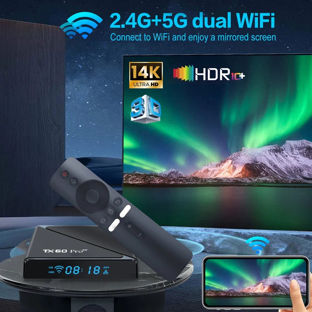 Smart TV Box TX60 PRO Android 16 TV Box 14K 2.4G 5G Dual WiFi Set-top Box Video Media Player Voice Remote 16G 256G Set Top Box