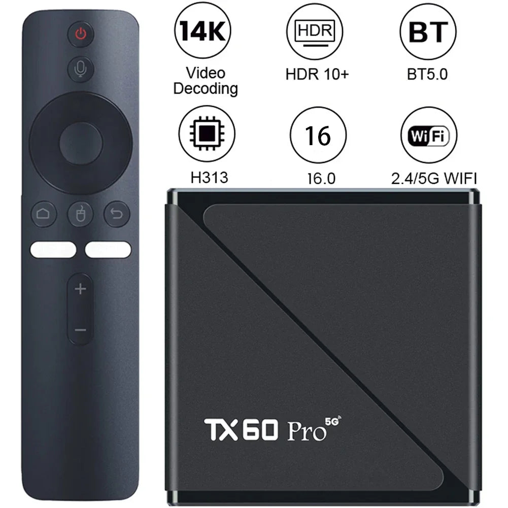 Smart TV Box TX60 PRO Android 16 TV Box 14K 2.4G 5G Dual WiFi Set-top Box Video Media Player Voice Remote 16G 256G Set Top Box