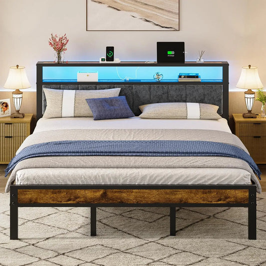 King Size Platform Bed Frame with LED Lights & Upholstered Headboard, 2-Tier Storage Shelves, Charging Station, Noise Free
